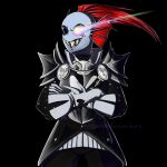  1girl armor artist_name black_background black_sclera blue_skin cowboy_shot crossed_arms fire_emblem fire_emblem_if gloves glowing glowing_eye grin head_fins monster_girl paranoidpantherspatterns parody ponytail redhead sharp_teeth simple_background slit_pupils smile solo spoilers style_parody teeth undertale undyne_the_undying white_eyes 