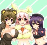  3girls :q animal_ears bear_ears bear_paws between_breasts black_hair blush breasts brown_hair carrot cat_ears cat_paws cleavage collar commentary_request fake_animal_ears food fujimi_suzu gloves green_eyes hat headphones honey jinusunako large_breasts licking_lips long_hair looking_at_viewer multiple_girls navel nitroplus open_mouth paw_gloves paw_pose paws pink_eyes pink_hair rabbit_ears short_hair smile super_sonico tongue tongue_out violet_eyes watanuki_fuuri wink 