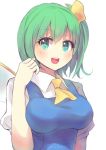  1girl :d alternate_breast_size ascot blue_dress blush breasts commentary_request culter daiyousei dress fairy_wings green_eyes green_hair hair_ribbon impossible_clothes large_breasts looking_at_viewer open_mouth puffy_short_sleeves puffy_sleeves ribbon shirt short_hair short_sleeves side_ponytail smile solo touhou twitter_username upper_body white_shirt wing_collar wings yellow_ribbon 