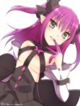  1girl breasts eyebrows eyebrows_visible_through_hair fate/extra fate/extra_ccc fate_(series) finger_to_mouth green_eyes horns lancer_(fate/extra_ccc) long_hair medium_breasts ookami_maito open_mouth pointy_ears purple_hair simple_background small_breasts solo white_background 