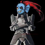  1girl armor artist_name black_background blue_skin cowboy_shot crossed_arms eyepatch eyeshadow fire_emblem fire_emblem_if grin head_fins makeup monster_girl paranoidpantherspatterns parody ponytail red_eyes redhead sharp_teeth simple_background slit_pupils smile solo style_parody teeth undertale undyne yellow_sclera 