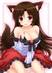  1girl animal_ears bangs bare_shoulders between_legs blush breasts brooch brown_hair cleavage collarbone fang hand_between_legs imaizumi_kagerou jewelry large_breasts long_hair looking_at_viewer nagana_sayui off_shoulder red_eyes red_skirt shirt sitting skirt smile solo tail touhou wariza white_shirt wolf_ears wolf_tail 