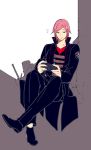  1boy badge bangs black_jacket black_pants black_shoes crack crossed_ankles eyebrows eyebrows_visible_through_hair full_body game_console genderswap genderswap_(ftm) holding jacket kunichika_yuu long_sleeves male_focus musical_note pants parted_lips pepper_fever pink_hair playing_games quaver ruins shoes sitting sketch solo uniform world_trigger 