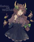  1girl black_background black_dress bow character_name dress eater_of_worlds green_bow green_eyes hair_bow highres looking_at_viewer monster_girl open_mouth personification ru_cve_9 standing terraria 