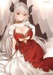  1girl alicia_(granblue_fantasy) artist_name bangs blush breasts center_opening cleavage cross cross_earrings dress earrings gloves granblue_fantasy highres horns jewelry large_breasts long_hair looking_at_viewer pointy_ears red_eyes silver_hair sitting smile solo very_long_hair white_gloves yaman_(yamanta_lov) 