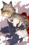  1girl amayu animal_ears armor bare_shoulders berserker_(granblue_fantasy) blonde_hair breasts collar commentary_request djeeta_(granblue_fantasy) fang fangs gauntlets granblue_fantasy looking_to_the_side open_mouth pleated_skirt short_hair skirt squatting thigh-highs white_skirt wolf wolf_pelt 