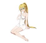  1girl blonde_hair breasts cleavage collarbone full_body green_eyes highres leafa long_hair looking_at_viewer naked_towel official_art ponytail simple_background sitting smile solo steam sword_art_online sword_art_online:_code_register towel upscaled wet wet_hair white_background 