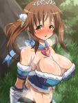  1girl :o alternate_costume armpits bare_shoulders blurry blush breasts brown_eyes brown_hair bustier cleavage depth_of_field detached_sleeves full-face_blush granblue_fantasy groin hair_ornament highres huge_breasts idolmaster idolmaster_cinderella_girls looking_at_viewer midriff nanashi_maru navel nose_blush parody parted_lips shiny shiny_skin short_hair_with_long_locks short_sleeves solo steaming_body sweat tareme tiara totoki_airi twintails upper_body 