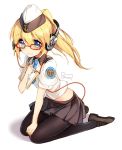  1girl artist_name bison_cangshu black_legwear blonde_hair blue_eyes character_request clipboard copyright_request full_body garrison_cap glasses hat headphones highres holding loafers midriff necktie pantyhose pleated_skirt ponytail red-framed_glasses shirt shoes sitting sketch skirt solo white_background 