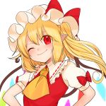  1girl ascot blonde_hair bow flandre_scarlet gotoh510 hat hat_ribbon highres looking_at_viewer mob_cap one_eye_closed pointy_ears puffy_short_sleeves puffy_sleeves red_bow red_eyes ribbon ribbon_trim short_sleeves side_ponytail simple_background smile solo touhou upper_body white_background wings 