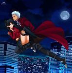 1boy 1girl 2015 archer black_hair black_legwear black_skirt blue_eyes carrying dated fate/stay_night fate_(series) hair_ribbon highres holding long_hair moon night nihility outdoors pleated_skirt princess_carry ribbon short_hair silver_hair skirt thigh-highs toosaka_rin twintails 