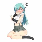  1girl @_@ alternate_costume alternate_eye_color aqua_hair arm_warmers asashio_(kantai_collection) asashio_(kantai_collection)_(cosplay) black_legwear blue_eyes blush breasts buttons cosplay full-face_blush hair_ornament hairclip kantai_collection kneehighs large_breasts long_hair navel open_mouth pleated_skirt school_uniform serafuku shirt short_sleeves simple_background sitting skirt solo suspenders suzuya_(kantai_collection) tun undersized_clothes wariza white_background white_shirt 