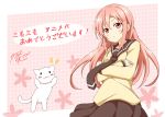  1girl cat karamoneeze long_hair necktie nishiyama_serina pink_hair sansha_san&#039;you school_uniform serafuku short_hair translated 
