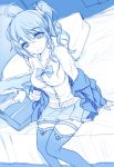  1girl ahoge bag bison_cangshu blazer blue bow breasts cardigan collarbone copyright_request dutch_angle jacket long_hair monochrome on_bed open_mouth pleated_skirt school_bag school_uniform side_ponytail sitting sketch skirt solo thigh-highs 