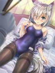  1boy 1girl admiral_(kantai_collection) animal_ears ass_visible_through_thighs black_legwear blue_eyes breasts competition_school_swimsuit dog_ears dog_tail eyes_visible_through_hair hair_ornament hair_over_one_eye hairclip hamakaze_(kantai_collection) kantai_collection kotatsu_(kotatsu358) lips lying military military_uniform naval_uniform one-piece_swimsuit open_clothes open_shirt pantyhose shirt silver_hair skirt skirt_removed solo swimsuit swimsuit_under_clothes tail thighband_pantyhose uniform 
