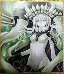  1girl black_gloves breasts cannon cape fangs gloves green_eyes groin hat kantai_collection long_hair looking_at_viewer marker_(medium) mosho nacel paint_(medium) shinkaisei-kan silver_hair solo tentacles traditional_media wo-class_aircraft_carrier 