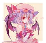  1girl ascot bat_wings bow brooch dress finger_to_mouth frills hat hat_ribbon jewelry lavender_hair mob_cap pink_dress puffy_short_sleeves puffy_sleeves red_bow red_eyes red_ribbon remilia_scarlet ribbon short_hair short_sleeves skirt skirt_set solo touhou wings wrist_cuffs yasuno_(ysn_201) 