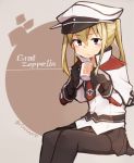  1girl blonde_hair blue_eyes capelet cup gloves graf_zeppelin_(kantai_collection) hat kantai_collection long_hair mug pantyhose peaked_cap rimukoro skirt solo twintails uniform 