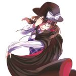  1girl bangs black_cape black_ribbon bolo_tie bow brown_hair cape closed_mouth collared_shirt glasses hand_on_headwear hat hat_bow holding kyuu_umi long_sleeves looking_at_viewer low_twintails one_eye_covered plaid red-framed_glasses red_eyes ribbon semi-rimless_glasses shade shirt smile solo touhou twintails under-rim_glasses upper_body usami_sumireko white_background white_bow white_shirt 