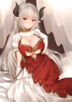  1girl alicia_(granblue_fantasy) bangs blush breasts center_opening cleavage cross cross_earrings dress earrings gloves granblue_fantasy horns jewelry large_breasts layered_dress long_hair looking_at_viewer pointy_ears red_dress red_eyes silver_hair sitting smile solo under_boob underboob_cutout very_long_hair white_dress white_gloves yaman_(yamanta_lov) 