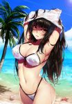  1girl armpits arms_up bangs bba1985 beach bikini black_hair blue_sky blush breasts highres large_breasts long_hair looking_at_viewer navel original outdoors palm_tree shell shirt sky smile solo starfish swimsuit tree undressing water wet wet_clothes white_bikini white_shirt wide_hips 