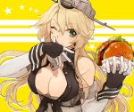  1girl :q ahoge bare_shoulders blonde_hair breasts cleavage fingerless_gloves food gloves hamburger headgear hita_(hitapita) holding iowa_(kantai_collection) kantai_collection large_breasts licking long_hair looking_at_viewer one_eye_closed solo star star-shaped_pupils symbol-shaped_pupils tongue tongue_out upper_body wrist_cuffs yellow_background 