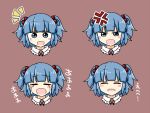  angry blue_eyes blue_hair blush crying hair_bobbles hair_ornament hat hat_removed headwear_removed kawashiro_nitori multiple_views open_mouth rokunen short_hair touhou translated twintails two_side_up 
