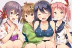  4girls :d ^_^ akebono_(kantai_collection) bandaid bandaid_on_face bare_shoulders bell black_hair blush breasts brown_eyes brown_hair cleavage closed_eyes collarbone crab girl_sandwich grin hair_ornament hat hug ichikawa_feesu japanese_clothes kantai_collection kimono large_breasts long_hair multiple_girls obi oboro_(kantai_collection) one-piece_swimsuit open_mouth pink_hair polka_dot polka_dot_swimsuit sandwiched santa_hat sash sazanami_(kantai_collection) school_uniform serafuku short_hair sleeveless smile swimsuit swimsuit_under_clothes tasuki twintails ushio_(kantai_collection) v yukata 