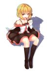  1girl absurdres alternate_costume bangs black_dress black_legwear blonde_hair collarbone dress fang food full_body gloves hair_ribbon highres kneehighs looking_at_viewer neetsr open_mouth red_eyes ribbon rumia shadow short_hair simple_background sitting solo touhou white_background white_gloves 