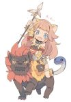  1girl animal_ears blade_(galaxist) blue_eyes blush chimera fang farfalia goat lion lion_ears lion_tail long_hair monster open_mouth pink_hair polearm pop-up_story riding snake spear tail weapon 