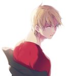  1boy back bangs blonde_hair eyebrows eyebrows_visible_through_hair izumi_kouhei jacket looking_at_viewer looking_back male_focus off_shoulder parted_lips pepper_fever shade shirt simple_background solo t-shirt white_background world_trigger yellow_eyes 