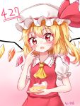  1girl absurdres blonde_hair blush cake flandre_scarlet food food_on_face fruit hanen_(borry) highres holding long_hair open_mouth plate red_eyes shirt side_ponytail skirt solo strawberry touhou upper_body wings 