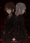  2girls akitaka_(pixiv12739753) alternate_costume bangs belt black_jacket black_pants blazer blue_eyes brown_eyes brown_hair commentary_request copyright_name dress_shirt formal girls_und_panzer grey_shirt hands_in_pockets highres iron_cross itsumi_erika jacket long_hair looking_at_viewer multiple_girls necktie nishizumi_maho pant_suit pants shirt short_hair silver_hair standing suit 