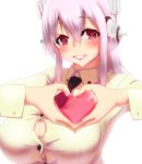  1girl blush breasts cleavage commentary_request headphones heart heart-shaped_pupils heart_hands highres large_breasts long_hair looking_at_viewer nitroplus pink_eyes pink_hair smile solo super_sonico symbol-shaped_pupils yamaneko_ken 