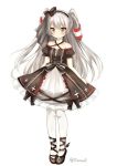  1girl adapted_costume amatsukaze_(kantai_collection) bangs bare_shoulders black_shoes blush brown_eyes collarbone dress full_body hair_tubes hat kantai_collection long_hair mini_hat nikoo shoes short_dress silver_hair simple_background solo standing twintails twitter_username two_side_up white_background white_legwear 