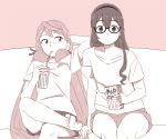  2girls akashi_(kantai_collection) barefoot black_hair casual cup drink drinking drinking_straw glasses hair_ribbon hairband kantai_collection long_hair looking_at_viewer monochrome multiple_girls ojipon ooyodo_(kantai_collection) popcorn ribbon sepia shorts tress_ribbon twintails 