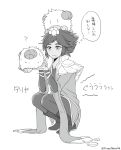  1girl ? animal animal_on_head drooling freckles greyscale horns jackkazu39 league_of_legends monochrome poro_(league_of_legends) saliva short_hair solo squatting stomach_growling taliyah translated 