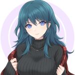  1girl alternate_costume bangs black_sweater blue_eyes blue_hair breasts byleth_(fire_emblem) byleth_eisner_(female) casual commentary_request contemporary fire_emblem fire_emblem:_three_houses hair_between_eyes highres jewelry large_breasts long_hair long_sleeves looking_at_viewer necklace plaid ribbed_sweater shawl shimizu_akina sleeves_past_wrists smile solo sweater turtleneck turtleneck_sweater upper_body white_background 
