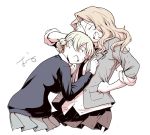  2girls blonde_hair blush closed_eyes darjeeling girls_und_panzer hand_on_another&#039;s_chest hand_on_own_face hands_on_hips kay_(girls_und_panzer) laughing long_hair multiple_girls necktie oono_tsutomu school_uniform short_hair simple_background skirt sleeves_rolled_up sweater white_background 