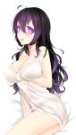  1girl ahoge beifeng_han black_hair blush breasts cleavage large_breasts lingerie long_hair looking_at_viewer miyaura_sanshio negligee nightgown open_mouth original solo underwear violet_eyes 