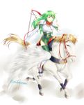  1girl armor elbow_gloves fire_emblem fire_emblem:_mystery_of_the_emblem gloves green_eyes green_hair headband highres horseback_riding lance long_hair paola pegasus pegasus_knight polearm riding ruri_(magnolia) side_slit skirt solo spear thigh-highs twitter_username weapon white_background white_wings wings 