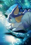  crying crying_with_eyes_open grass looking_afar looking_to_the_side lying manino_(mofuritaionaka) no_humans on_stomach outdoors plant pokemon pokemon_(creature) pond reflection rock scenery shore sunlight tears vaporeon violet_eyes water 