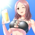  1girl ;d alcohol armpits bandeau bare_shoulders beer beer_mug bikini black_bikini blue_sky blush bracelet breasts brown_eyes cleavage collarbone cross-laced_clothes cup day drink foam grey_hair hand_up holding holding_glass idolmaster idolmaster_cinderella_girls jewelry large_breasts light_rays lips long_hair mug necklace one_eye_closed open_mouth outdoors pataniito sawada_marina sky smile solo strapless strapless_bikini sun sunlight sweat swimsuit tareme under_boob upper_body 