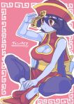  1girl blue_hair blue_skin blush_stickers breasts chinese_clothes cleavage cleavage_cutout flats ganbachi hat jiangshi lei_lei ofuda red_eyes short_hair sitting solo translated vampire_(game) 