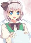  1girl :d black_bow black_bowtie blue_eyes blush bow bowtie commentary_request culter green green_vest hairband konpaku_youmu konpaku_youmu_(ghost) looking_at_viewer open_mouth puffy_short_sleeves puffy_sleeves shirt short_hair short_sleeves silver_hair smile solo touhou twitter_username upper_body white_shirt 