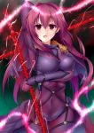  1girl bodysuit breasts covered_navel fate/grand_order fate_(series) gae_bolg highres hinata_kokage large_breasts lightning long_hair looking_at_viewer pauldrons polearm purple_hair red_eyes scathach_(fate/grand_order) solo spear weapon 
