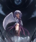  1girl :o black_panties boots brown_shoes dress earth feathered_wings feathers head_tilt highres jacket kishin_sagume kuro_(baseball0000) long_sleeves looking_at_viewer open_clothes open_jacket panties pantyshot pantyshot_(standing) purple_dress red_eyes shoes silver_hair single_wing sky solo standing touhou underwear wings 