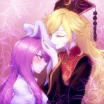  2girls animal_ears black_dress blonde_hair blush chinese_clothes closed_eyes dress ear_kiss flower gradient gradient_background hat junko_(touhou) lily_(flower) long_hair long_sleeves looking_at_another looking_up miata_(pixiv) multiple_girls necktie pink_background profile puffy_sleeves purple_hair rabbit_ears red_eyes red_necktie reisen_udongein_inaba shirt smelling smile tabard tassel touhou upper_body very_long_hair white_shirt wide_sleeves yuri 