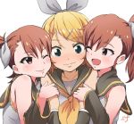  3girls ;d arm_holding blonde_hair blue_eyes blush brown_hair cosplay detached_sleeves futami_ami futami_mami girl_sandwich group_hug hug idolmaster kagamine_rin kagamine_rin_(cosplay) long_hair multiple_girls one_eye_closed open_mouth ribbon sandwiched seiyuu_connection shift_(waage) shimoda_asami short_hair siblings side_ponytail sisters smile twins vocaloid wavy_mouth 
