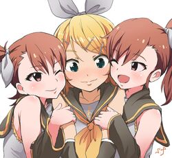  3girls ;d arm_holding blonde_hair blue_eyes blush brown_hair cosplay detached_sleeves futami_ami futami_mami girl_sandwich group_hug hug idolmaster kagamine_rin kagamine_rin_(cosplay) long_hair multiple_girls one_eye_closed open_mouth ribbon sandwiched seiyuu_connection shift_(waage) shimoda_asami short_hair siblings side_ponytail sisters smile twins vocaloid wavy_mouth 